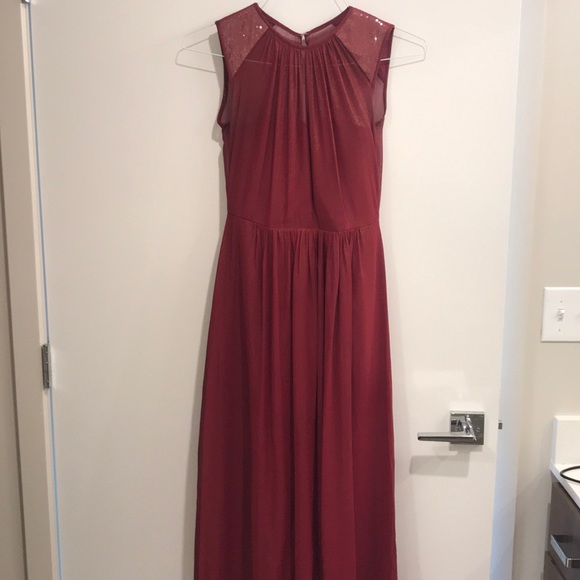 Dessy Burgundy Gold Lux Chiffon Bridesmaids Dress - Picture 6 of 8